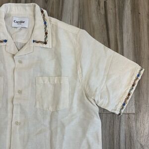 Corridor NYC Mens Spring Bouquet SS Camp Shirt L Natural Linen Blend Collar